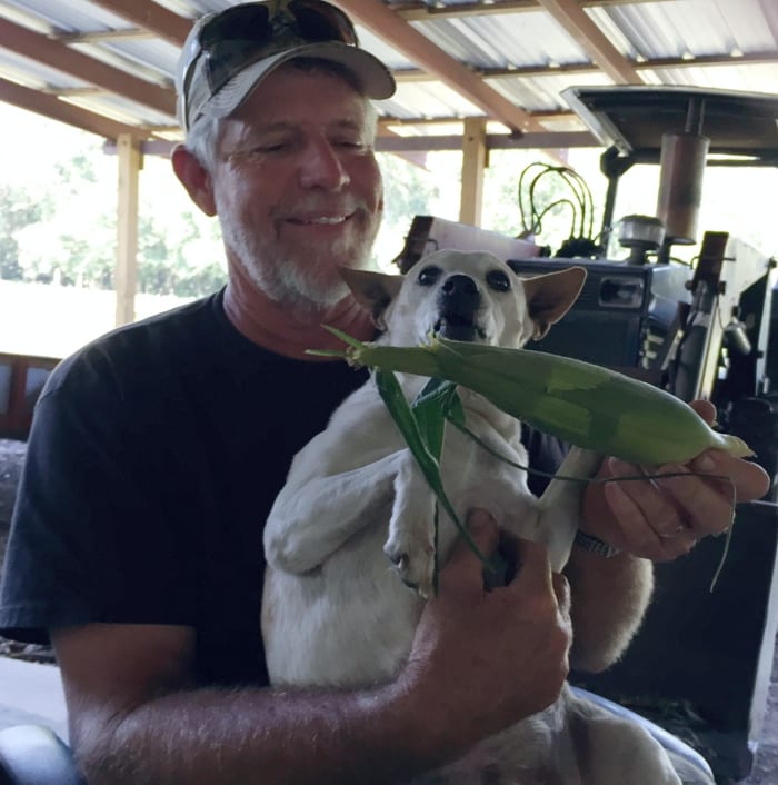 David Frazier offers 'Corn Dog' his favorite treat.