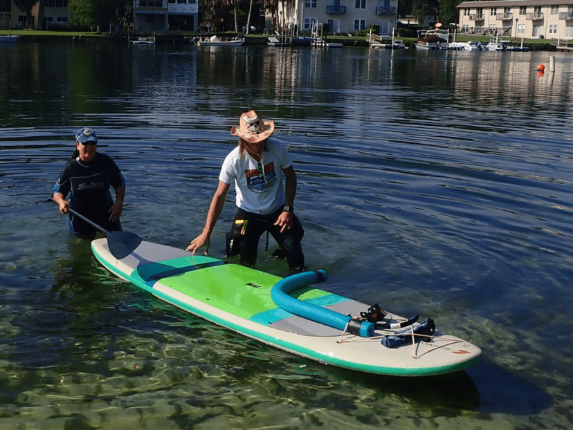 pushing the paddleboard